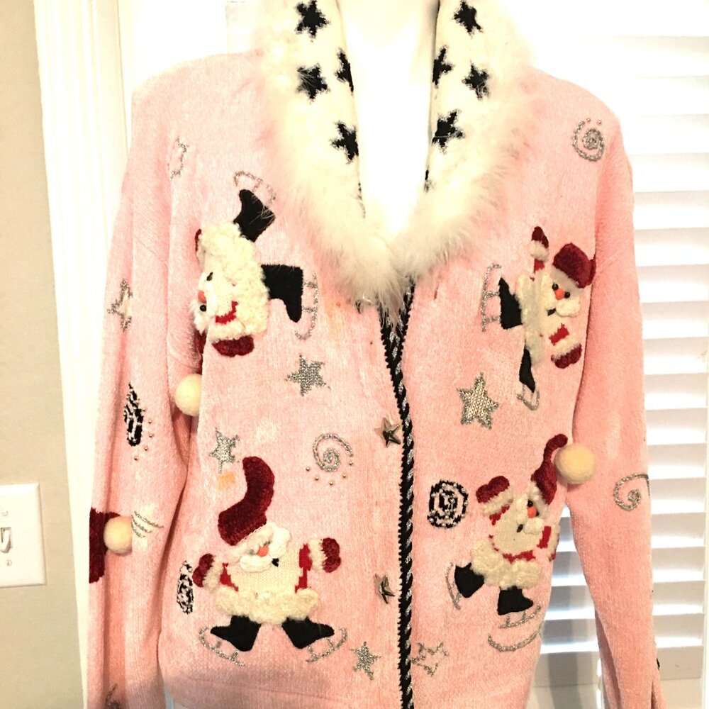 Berek Christmas Sweater - Pink & white Santa Large Vintage  Sw1